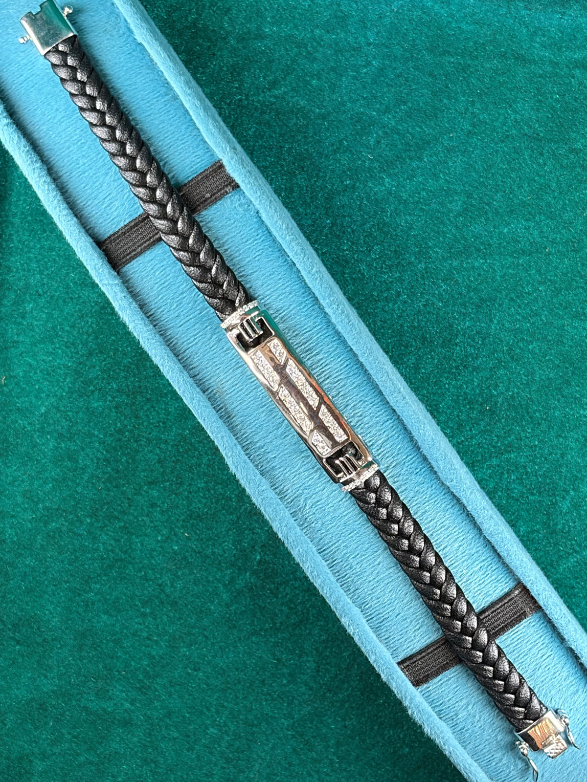 Pave Bar Bracelet – Black Braided Leather, 925 Silver