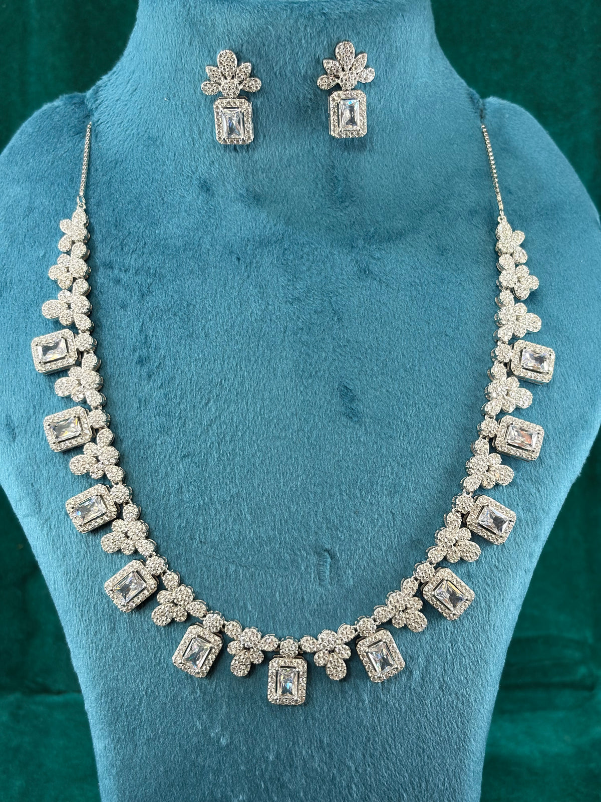 Clear Rectangle-Cut CZ Necklace Set With Earrings – Floral Cluster Link, 925 Silver