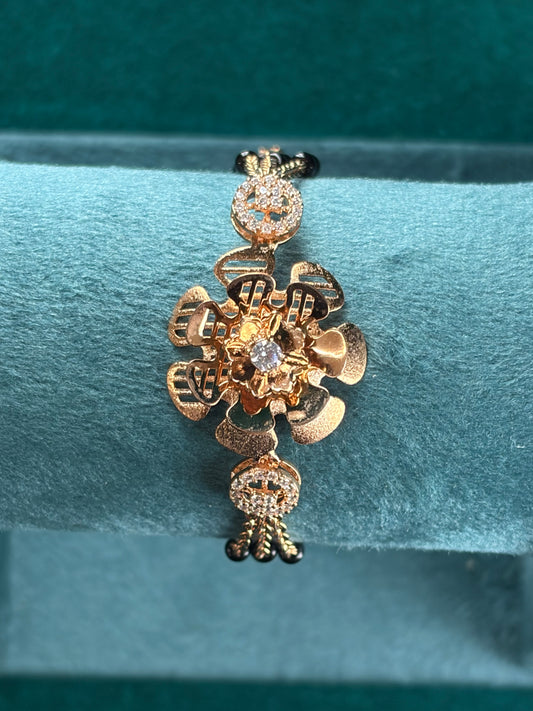 Floral Link Bracelet – Gold-Tone Solitaire, 925 Silver