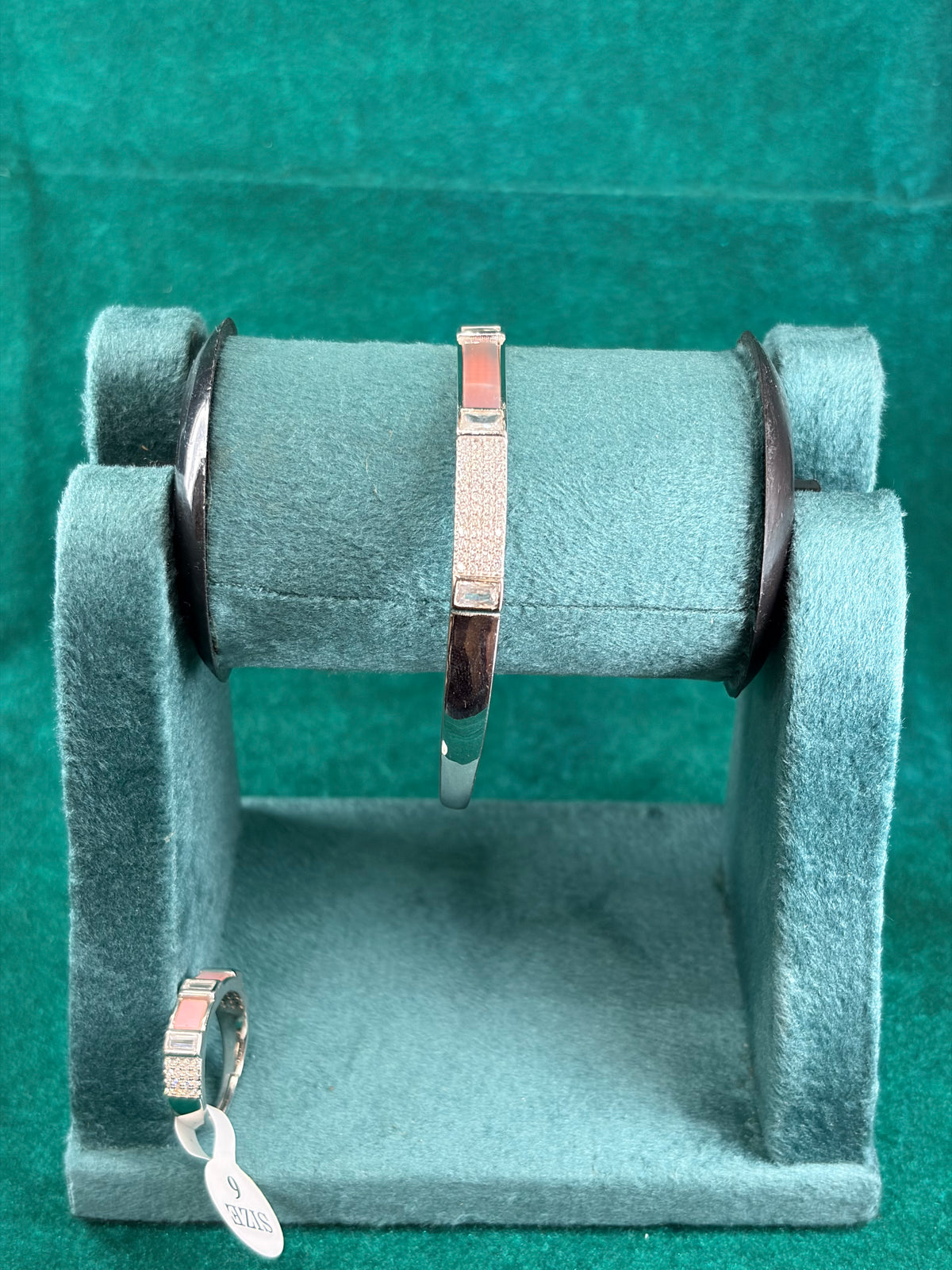 Pink Inlay Cuff Bracelet & Ring Set, 925 Silver