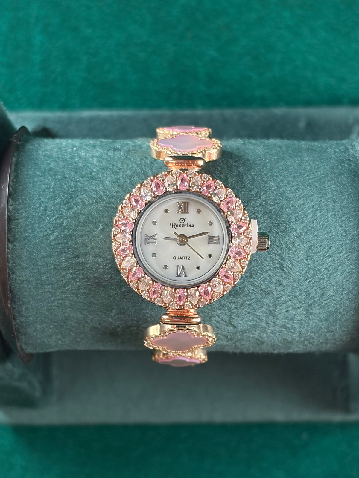 Pink Pave Halo Watch – Floral Link Band, 925 Silver