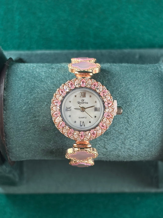 Pink Pave Halo Watch – Floral Link Band, 925 Silver