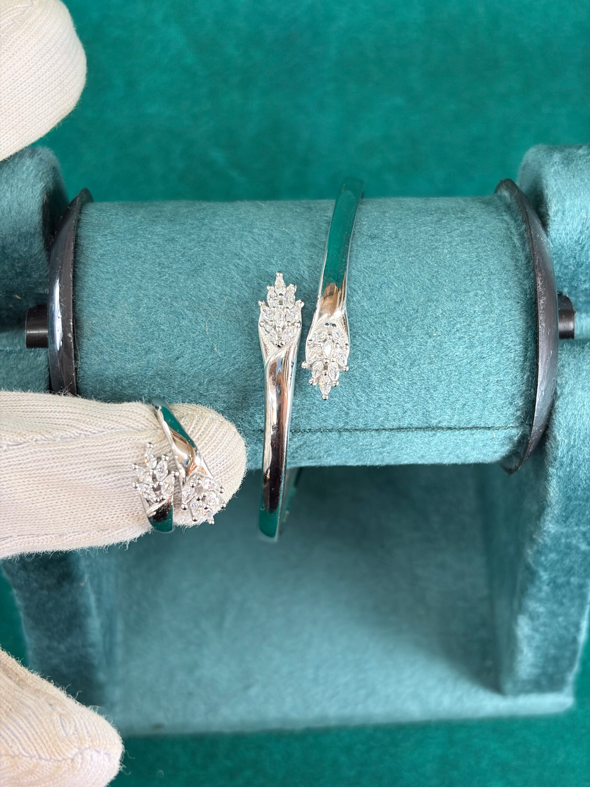 Floral CZ Cuff Bracelet & Ring Set, 925 Silver