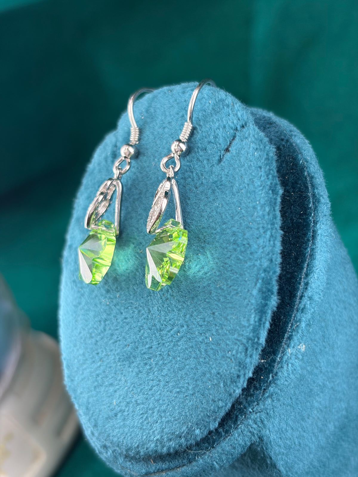 Green Crystal Flower Danglers, 925 Silver