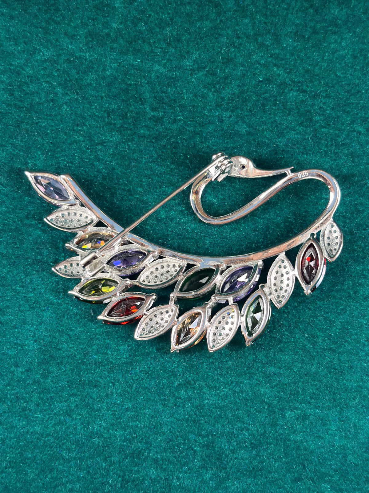 Swan Brooch – Multicolor CZ Feather Wing, 925 Silver