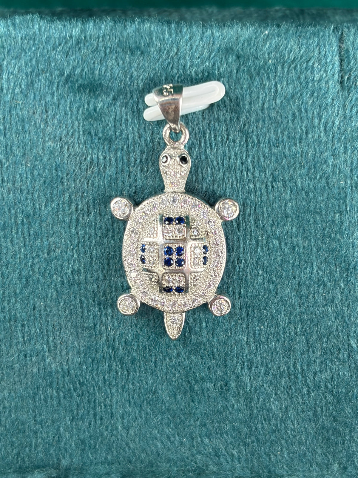 Sapphire-Tone Pave Turtle Pendant, 925 Silver