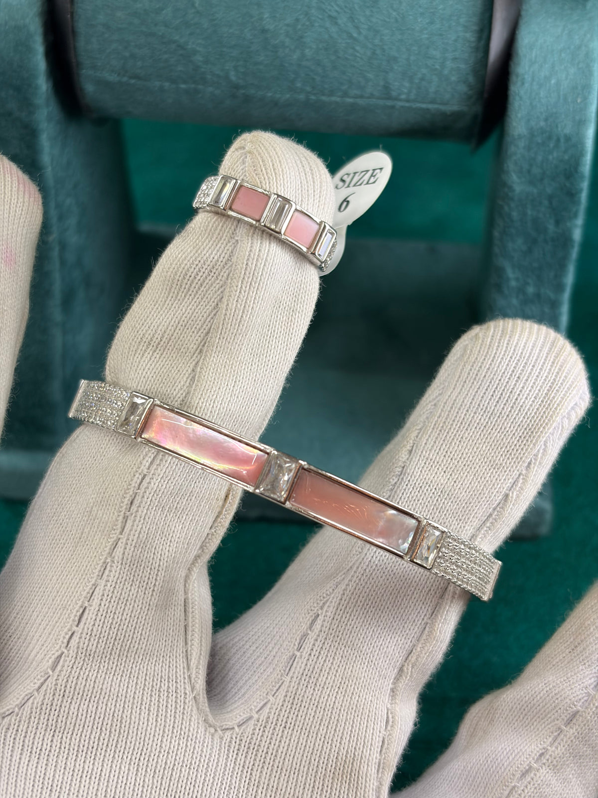 Pink Inlay Cuff Bracelet & Ring Set, 925 Silver