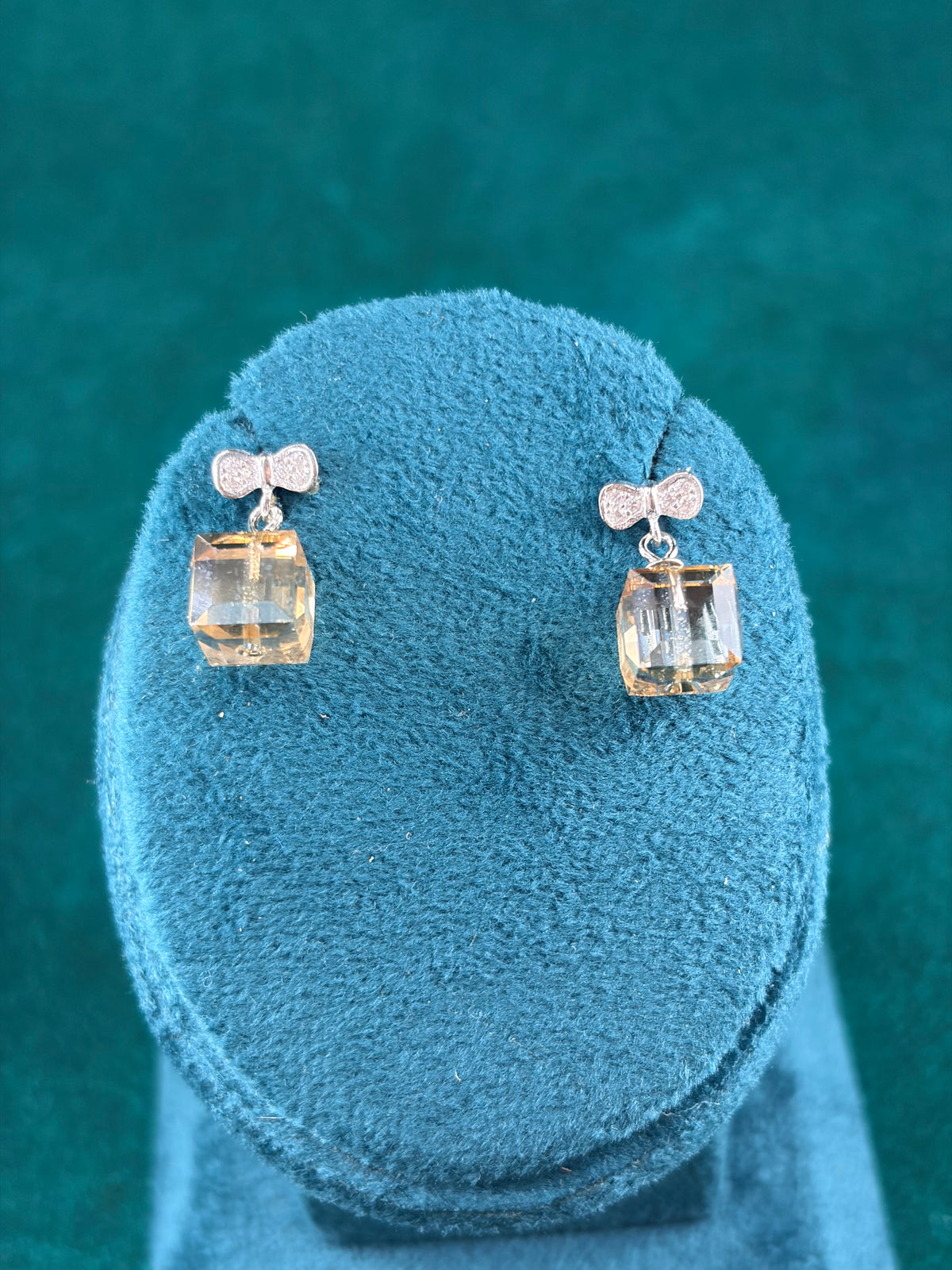 Amber-Tone Square Danglers – Bow Stud, 925 Silver