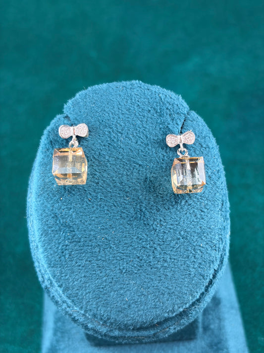 Amber-Tone Square Danglers – Bow Stud, 925 Silver