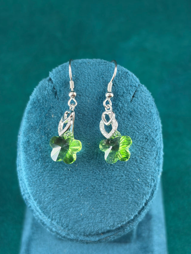 Green Crystal Flower Danglers, 925 Silver