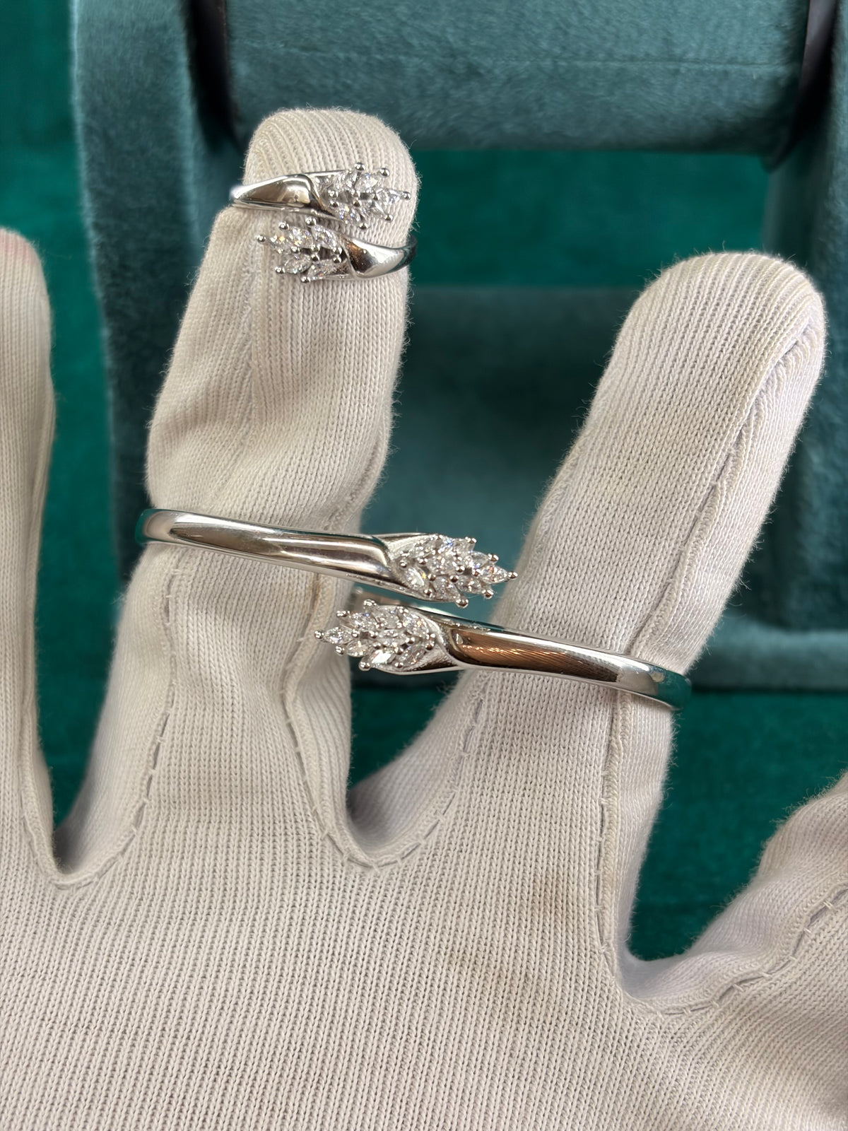 Floral CZ Cuff Bracelet & Ring Set, 925 Silver