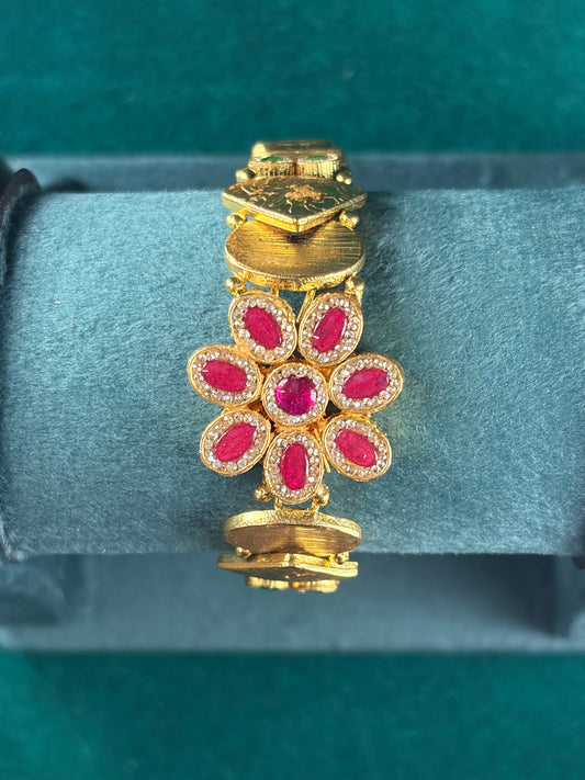 Antique Flower Bracelet – Ruby-Tone Marquise Petals, 925 Silver