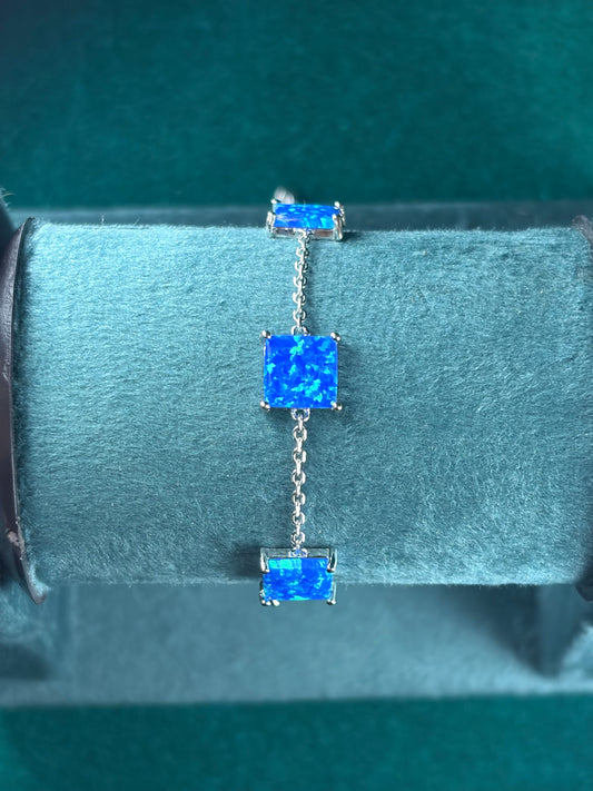 Blue Opal-Tone Bracelet – Square Cluster, 925 Silver