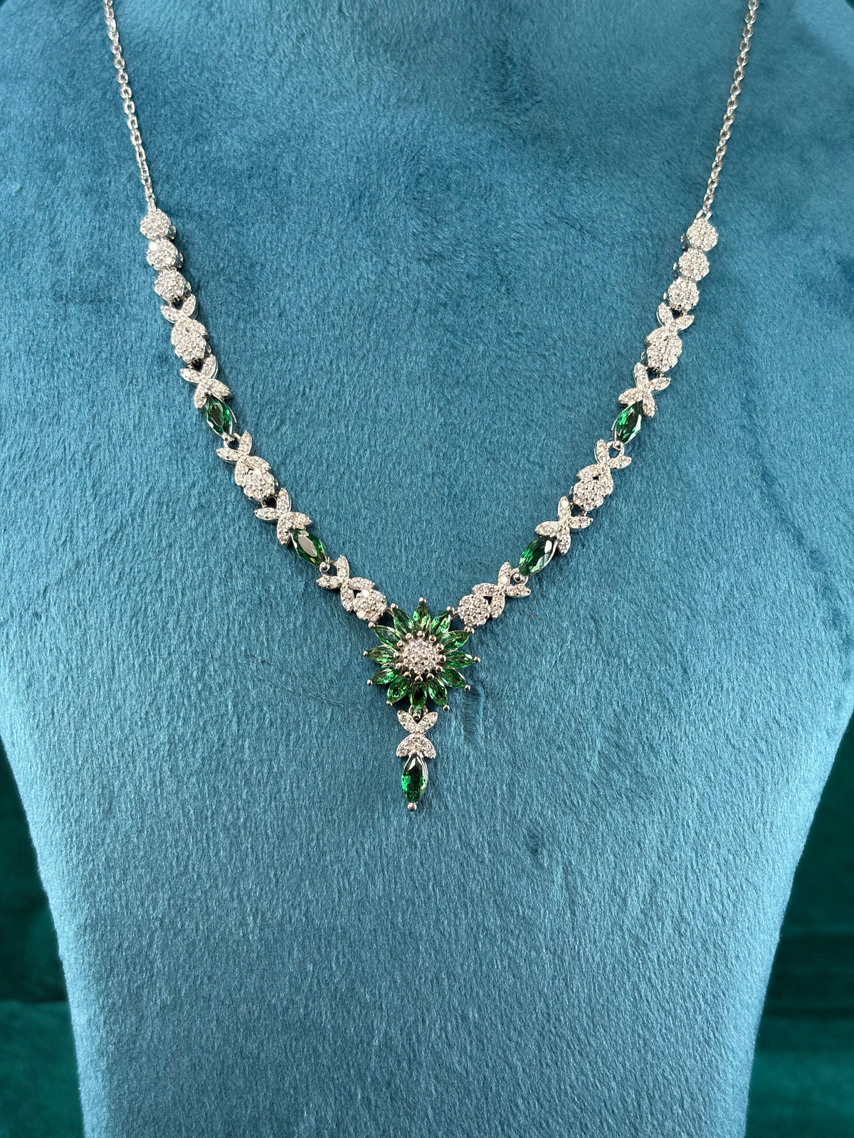 Emerald-Tone Sunflower Necklace Set With Earrings – CZ Floral Link, 925 Silver