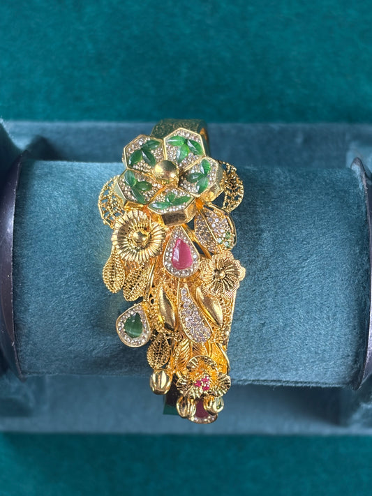 Peacock Plume Kada Bangle – Emerald & Ruby-Tone, 925 Silver