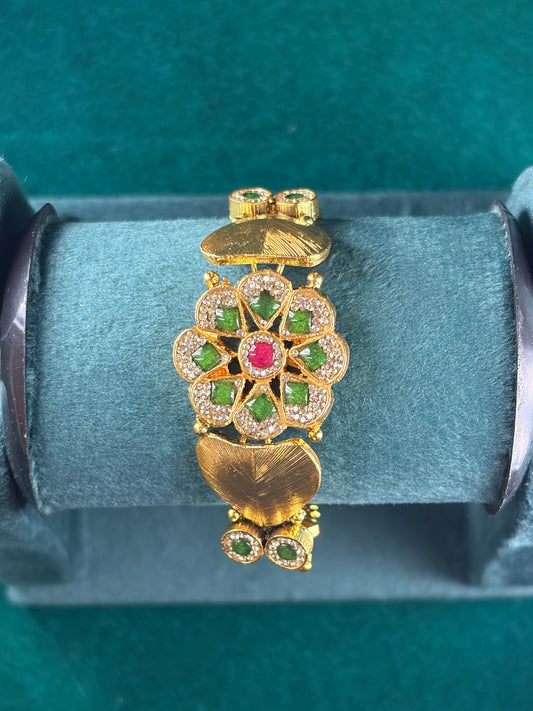 Antique Floral Link Bracelet – Ruby-Tone Center, 925 Silver