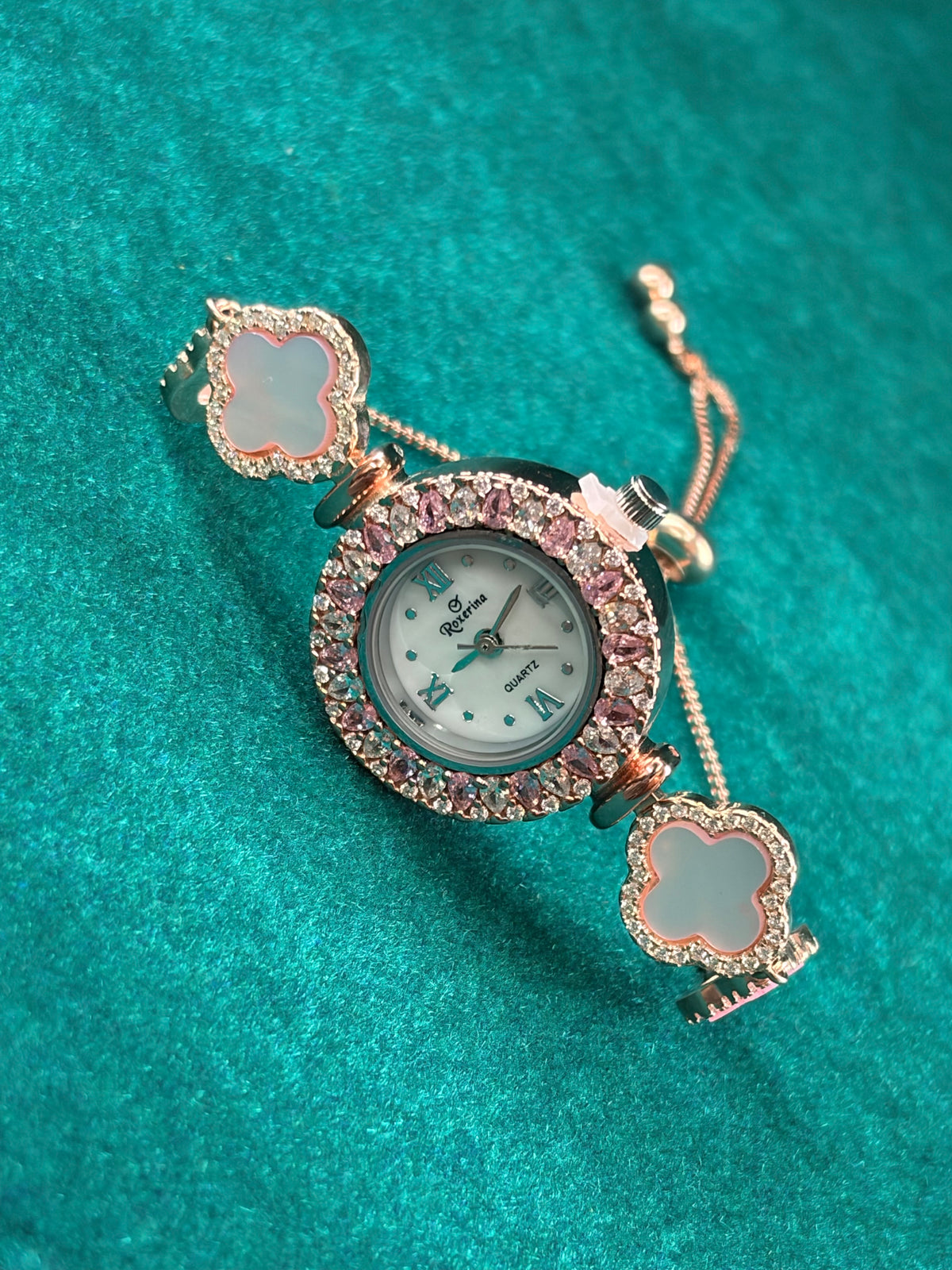 Pink Pave Halo Watch – Floral Link Band, 925 Silver