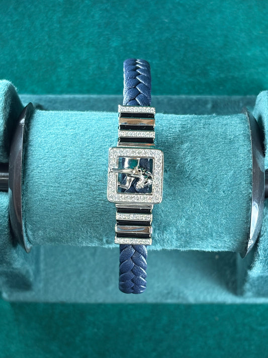 Pave Emblem Bracelet – Navy Braided Leather, 925 Silver