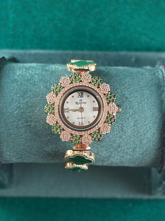 Emerald Halo Watch – Rose-Gold Link Band, 925 Silver