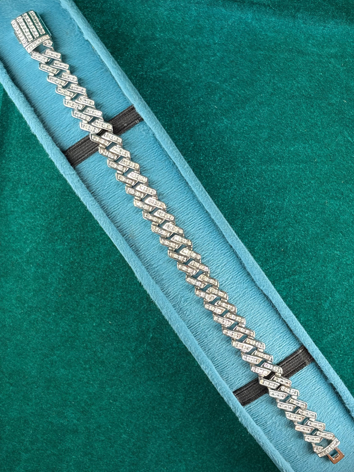 Baguette Pave Link Bracelet – Woven Herringbone, 925 Silver