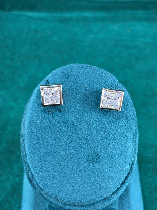Princess Cut Stud Earrings – Bezel Set, 925 Silver
