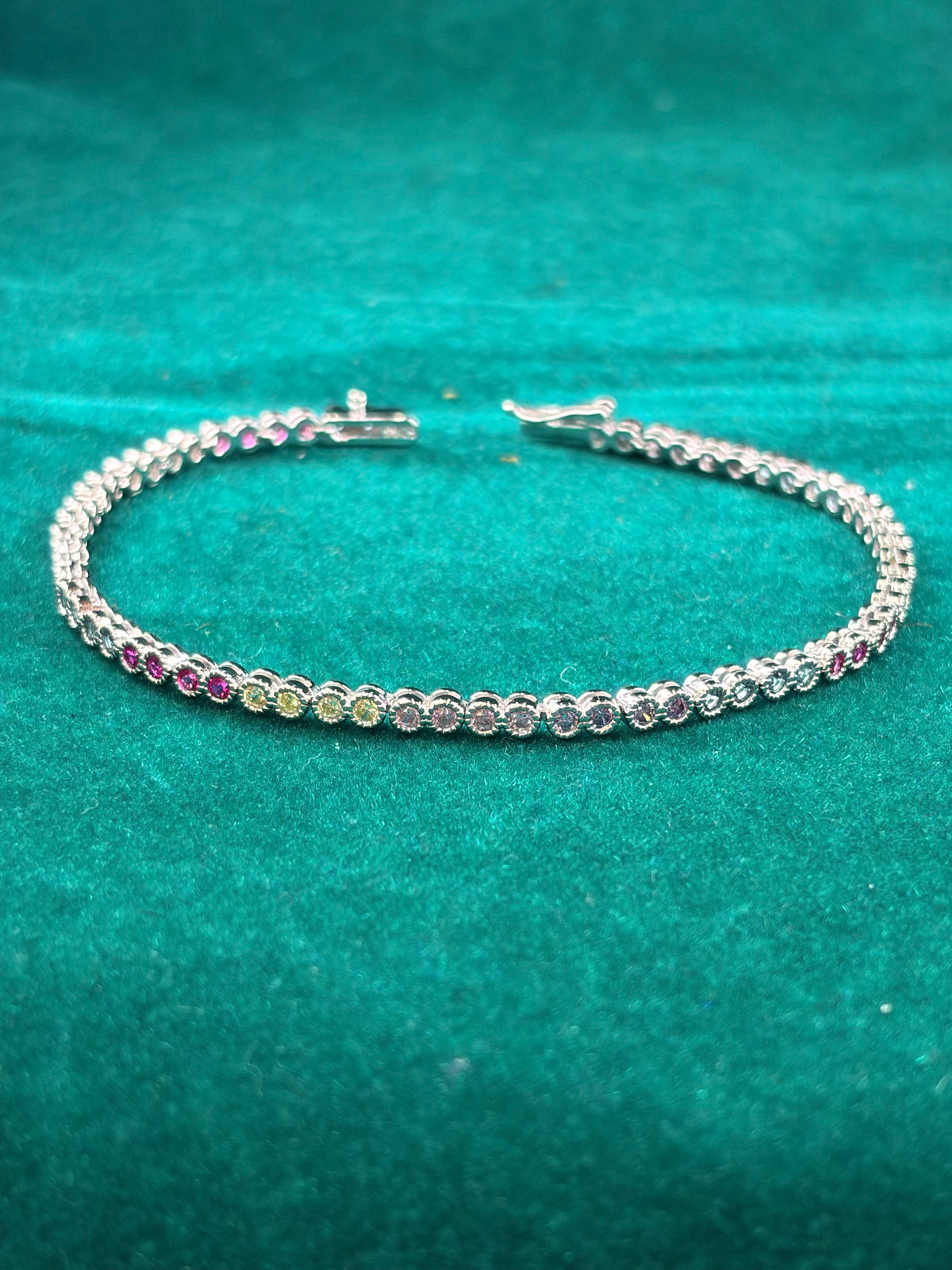 Rainbow Ombré CZ Tennis Bracelet – Jewel-Tone, 925 Silver