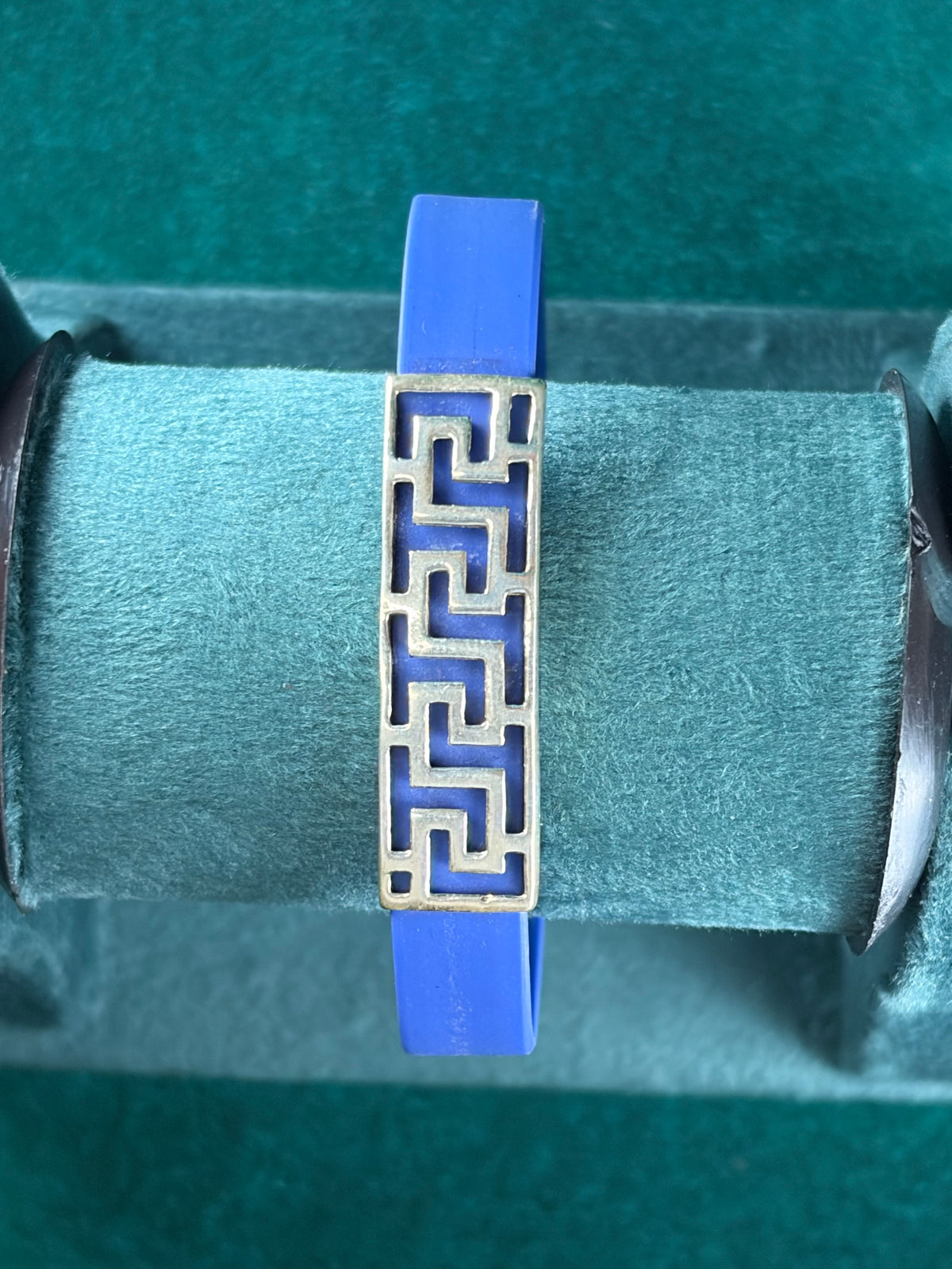 Greek Key Charm Bracelet – Blue Rubber Band, 925 Silver