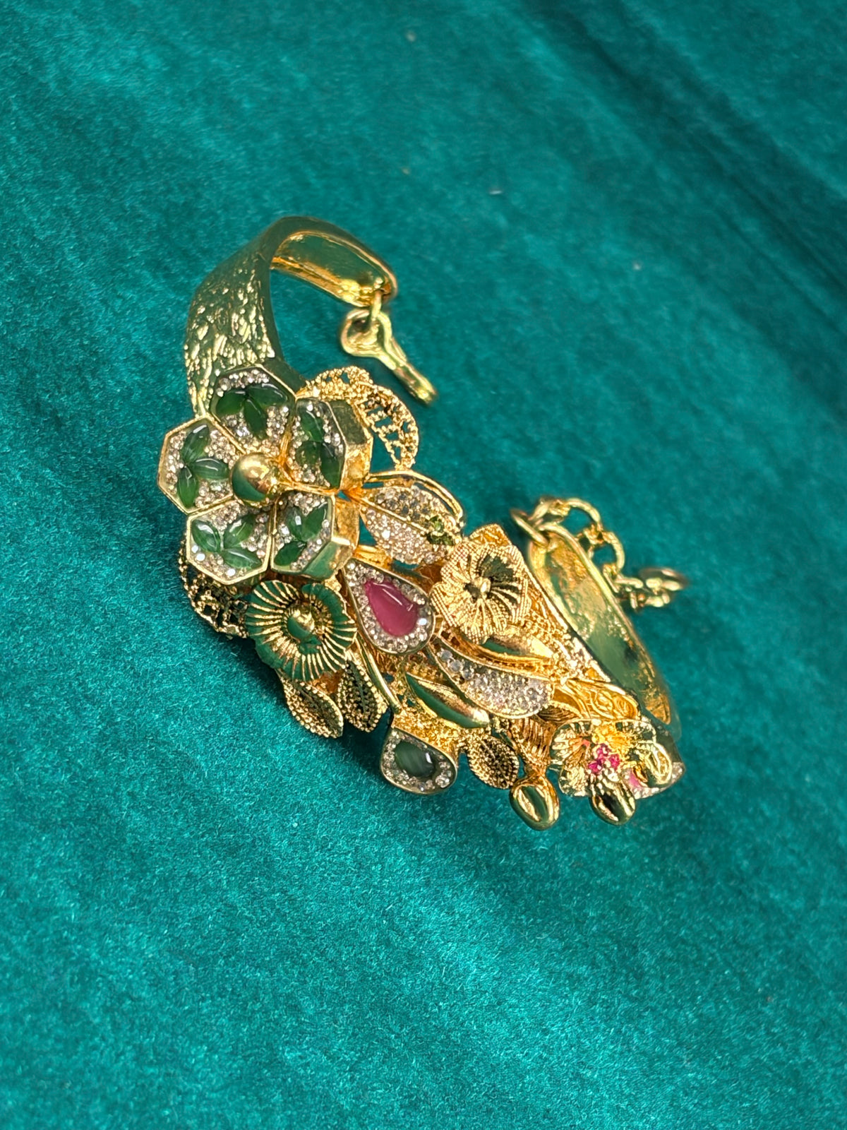 Peacock Plume Kada Bangle – Emerald & Ruby-Tone, 925 Silver