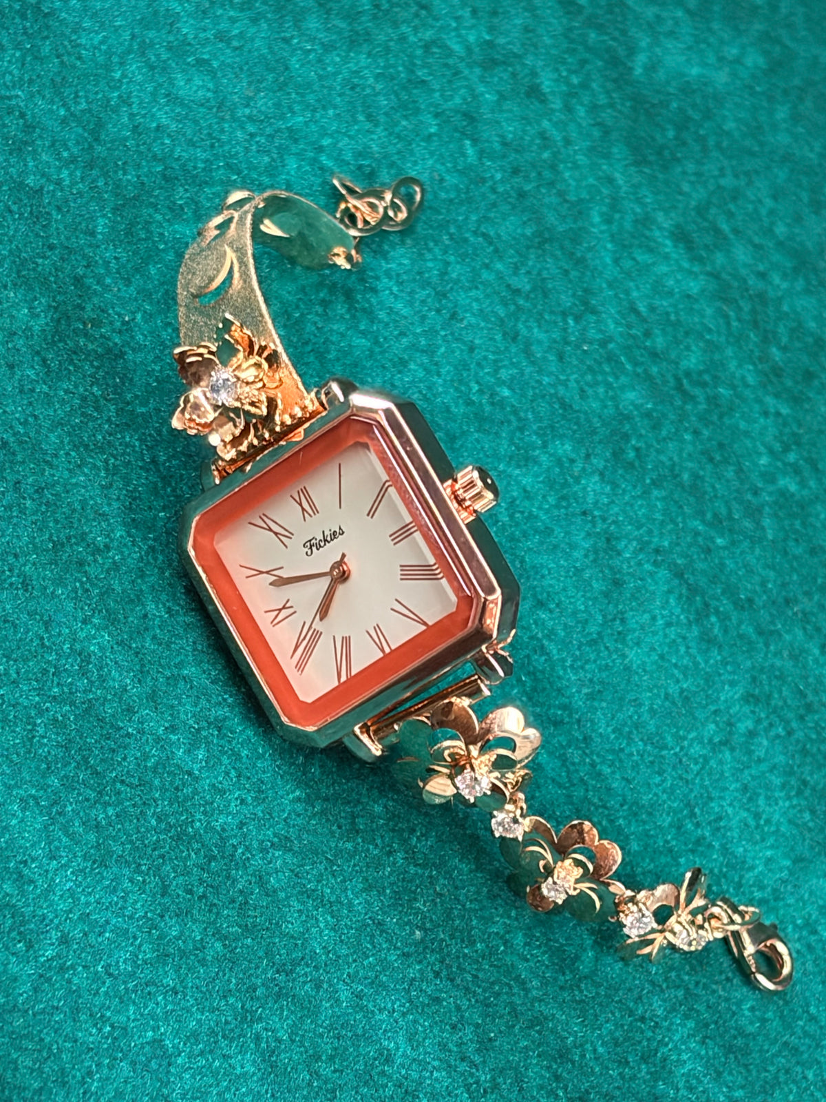 Square Dial Watch – Coral Bezel, 925 Silver