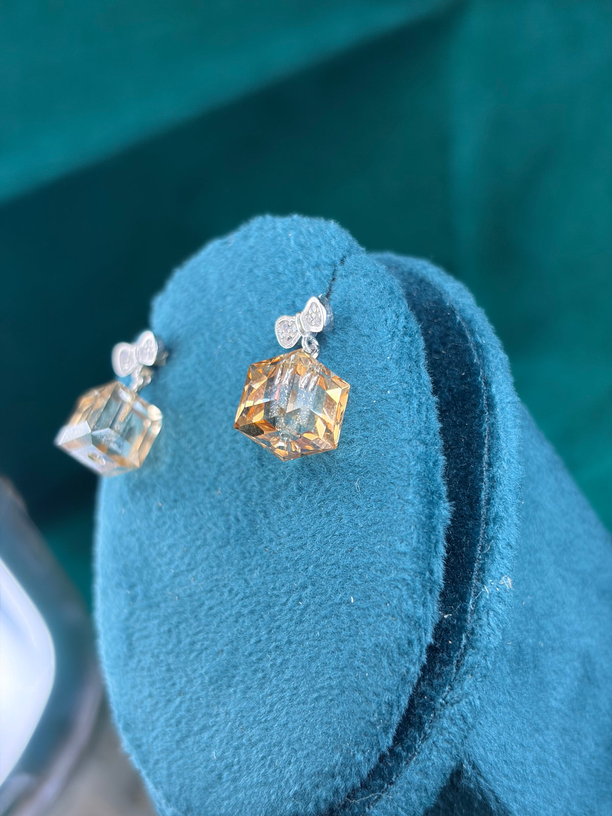 Amber-Tone Square Danglers – Bow Stud, 925 Silver