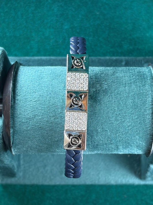 Star Pave Link Bracelet – Navy Braided Cord, 925 Silver