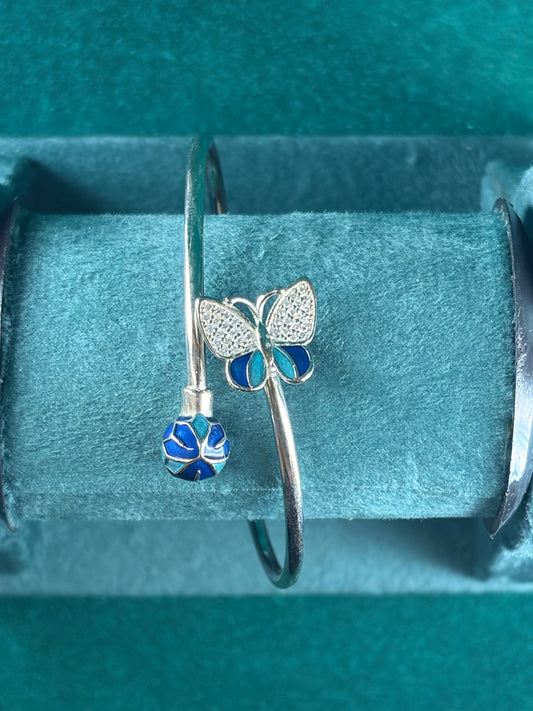 Butterfly Charm Kada Bracelet – Enamel Bead Drop, 925 Silver