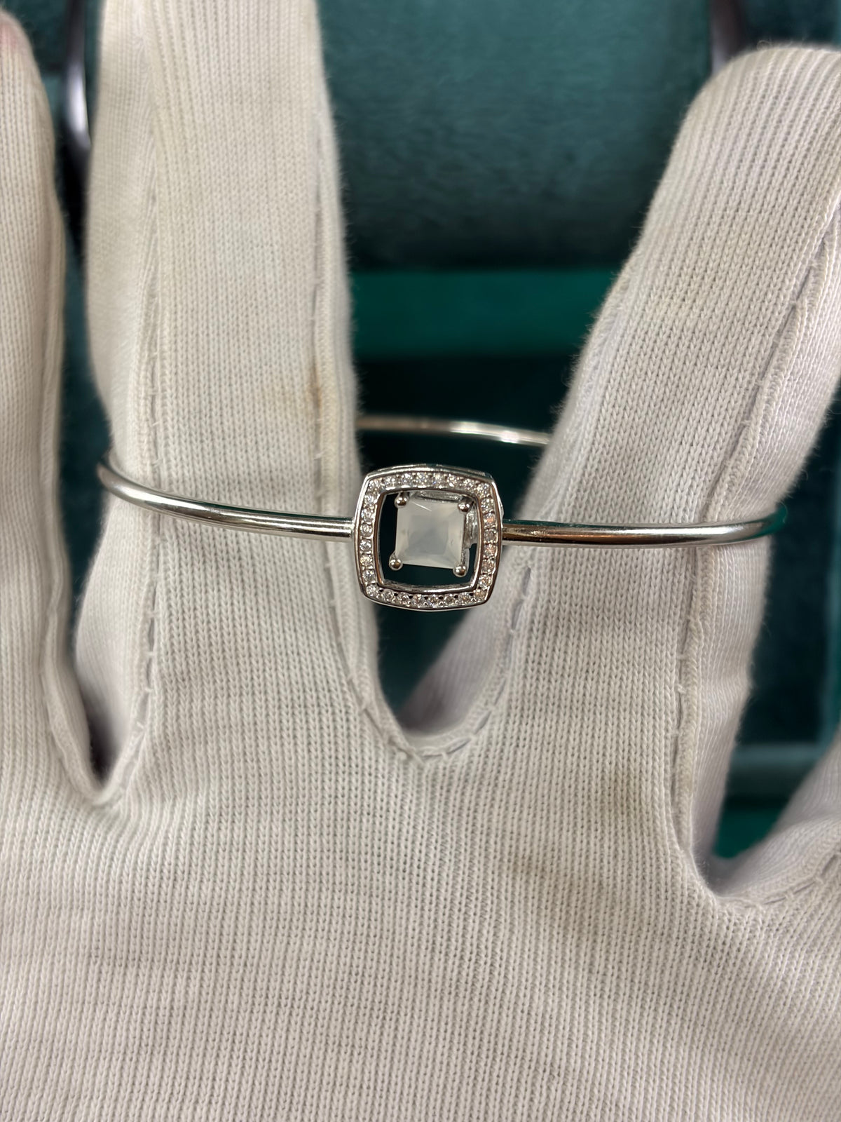 Cushion CZ Charm Bangle, 925 Silver
