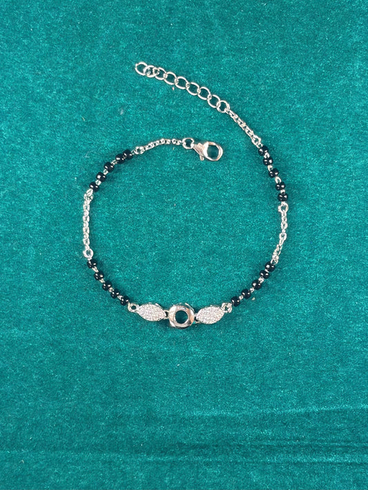 Black Bead Bracelet – Marquise Link, 925 Silver