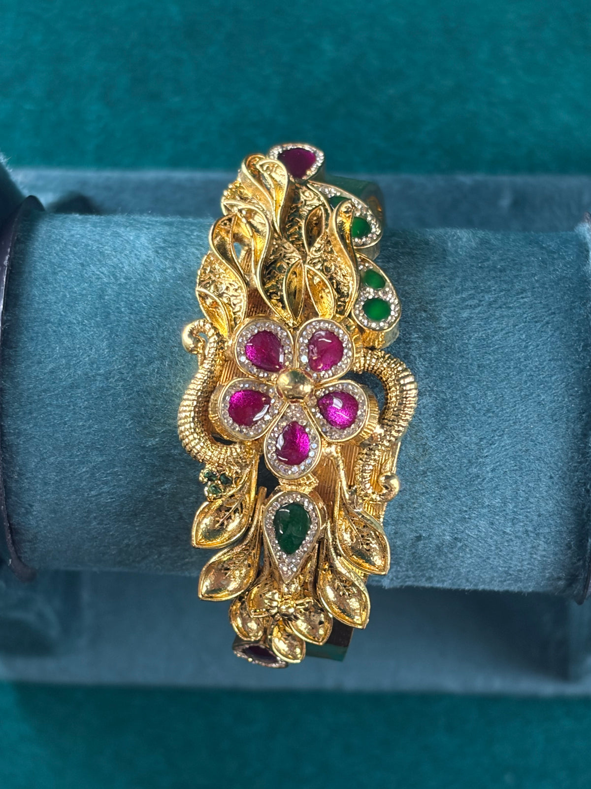 Floral Vine Kada Bangle – Ruby-Tone Blossom, 925 Silver