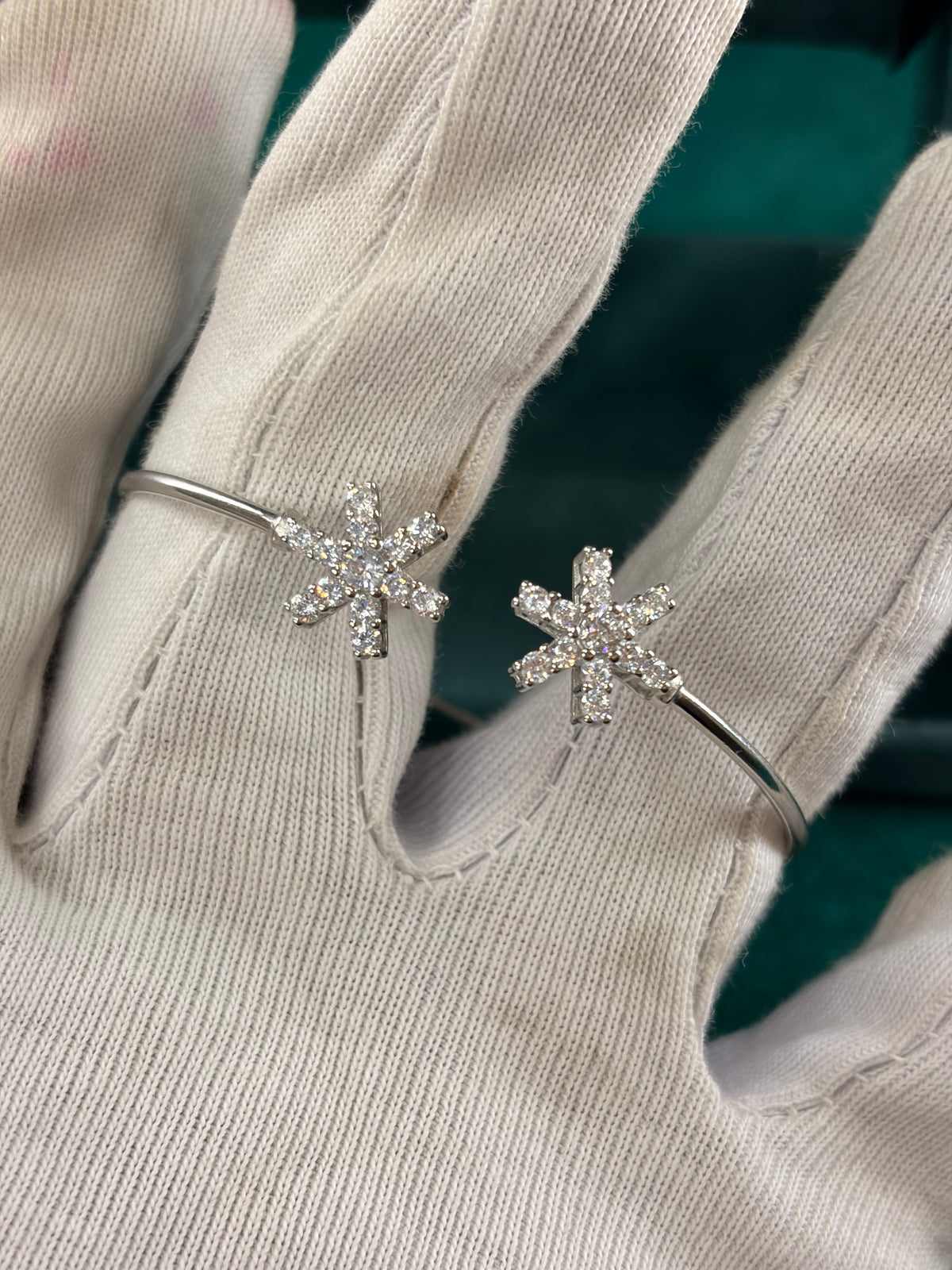 Open Cuff Bracelet – Snowflake Charm Design, 925 Silver