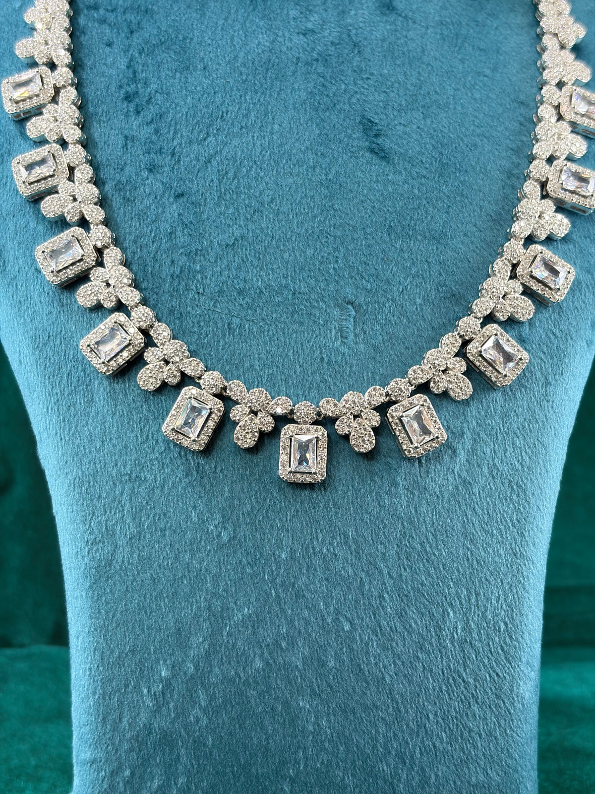 Clear Rectangle-Cut CZ Necklace Set With Earrings – Floral Cluster Link, 925 Silver