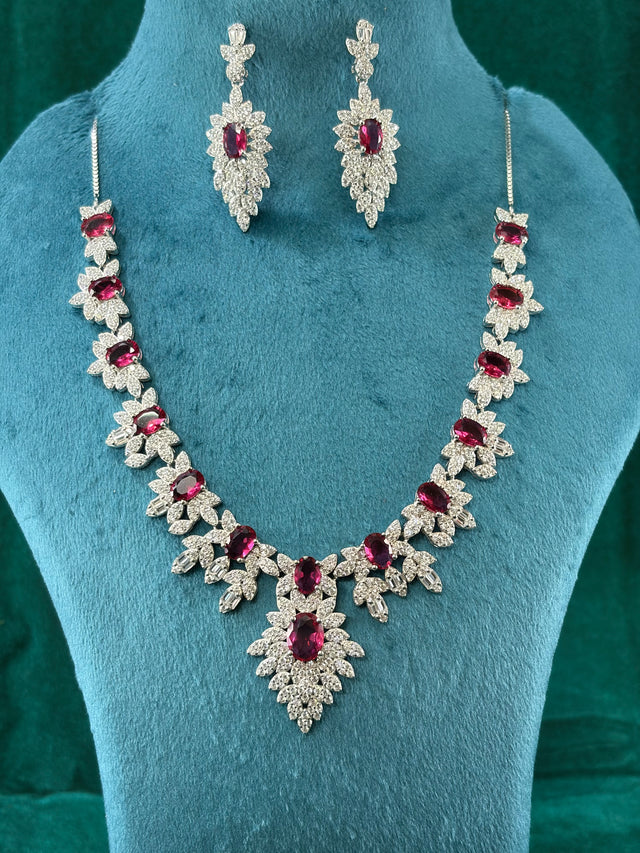 Ruby-Tone Leaf Cluster Necklace Set With Earrings – Oval Stones, 925 Silver