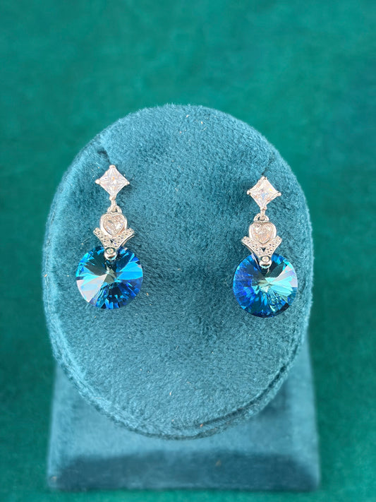 Sapphire-Tone Round Danglers – Heart Accent, 925 Silver
