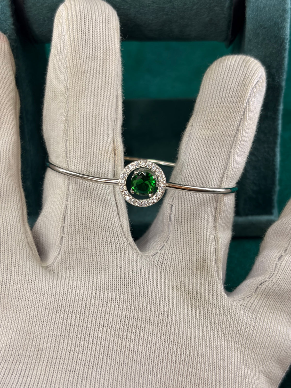 Emerald-Tone Halo Bangle, 925 Silver