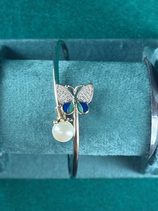 Butterfly Charm Kada Bracelet – Dainty Pearl Accent, 925 Silver
