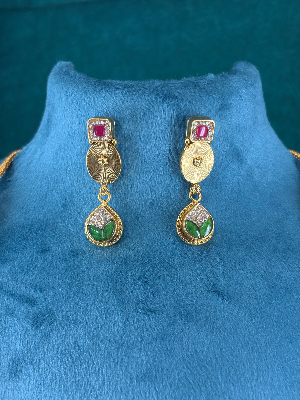 Antique Coin Necklace & Earring Set – Ruby-Tone Enamel, 925 Silver