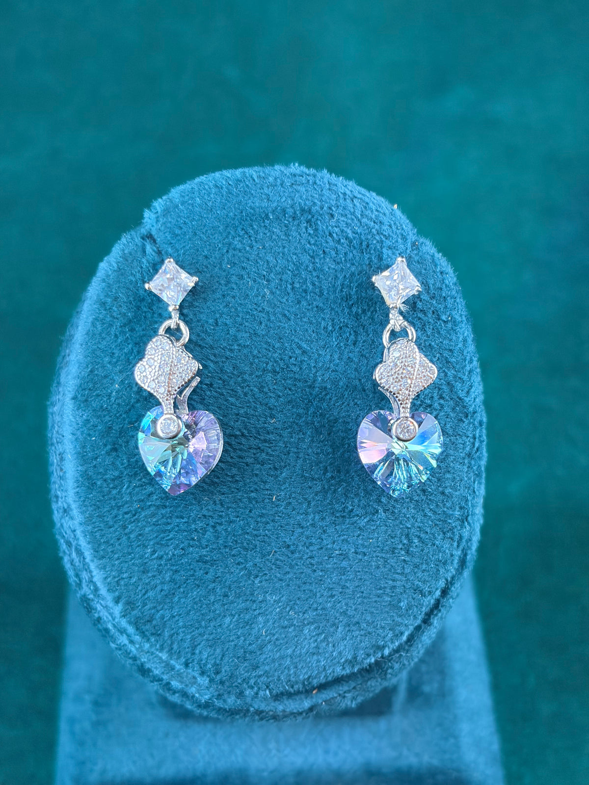 Rainbow-Tone Marquise Heart Danglers – Ornate Link, 925 Silver