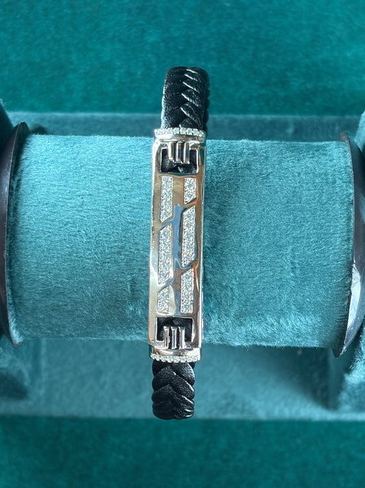 Pave Bar Bracelet – Black Braided Leather, 925 Silver