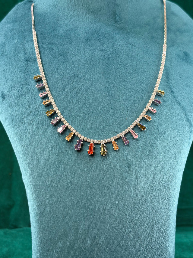 Rainbow Baguette Necklace Set Without Earrings – CZ Tennis Chain, 925 Silver