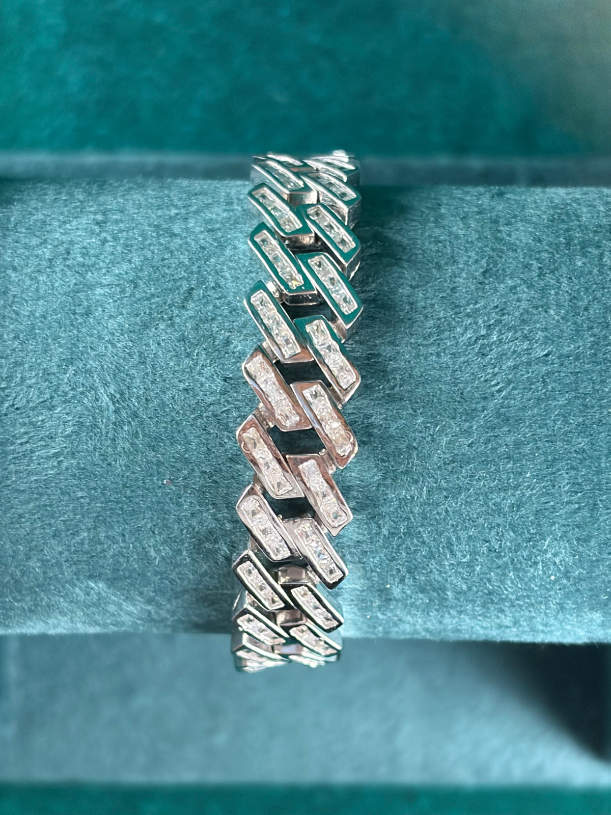 Baguette Pave Link Bracelet – Woven Herringbone, 925 Silver