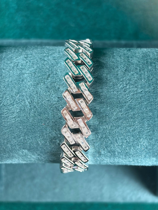 Baguette Pave Link Bracelet – Woven Herringbone, 925 Silver