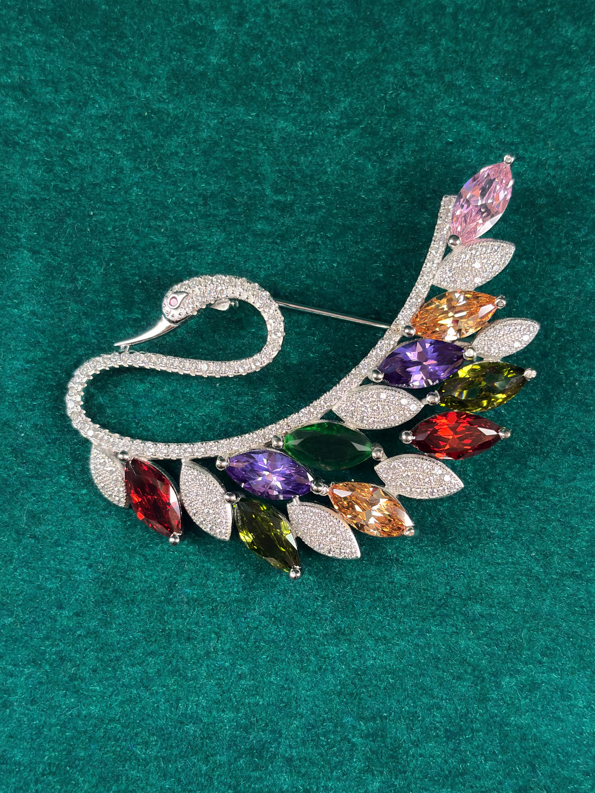 Swan Brooch – Multicolor CZ Feather Wing, 925 Silver