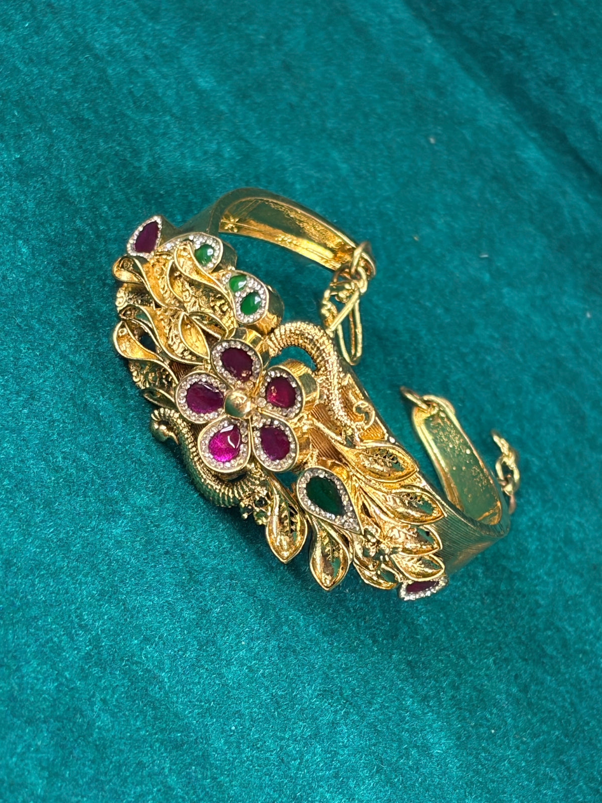 Floral Vine Kada Bangle – Ruby-Tone Blossom, 925 Silver