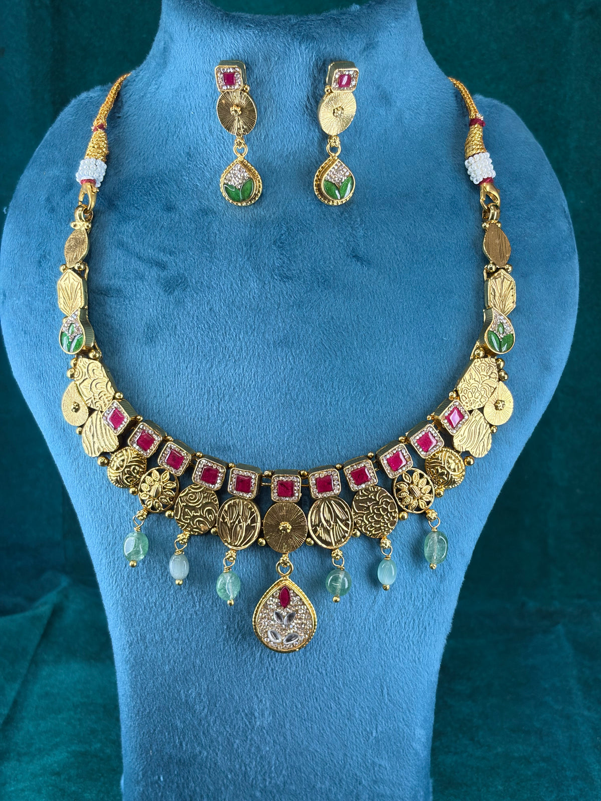 Antique Coin Necklace & Earring Set – Ruby-Tone Enamel, 925 Silver